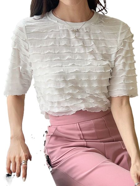 

dazy solid round neck textured tee o0ji#, White