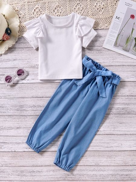 

toddler girls ruffle trim & paperbag waist belted pants she01, White