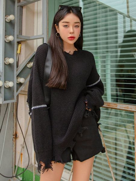 

dazy drop shoulder oversized distressed sweater 31ie#, White;black