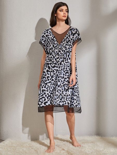 

batwing sleeve dobby mesh insert leopard nightdress m1kn#, Black;red