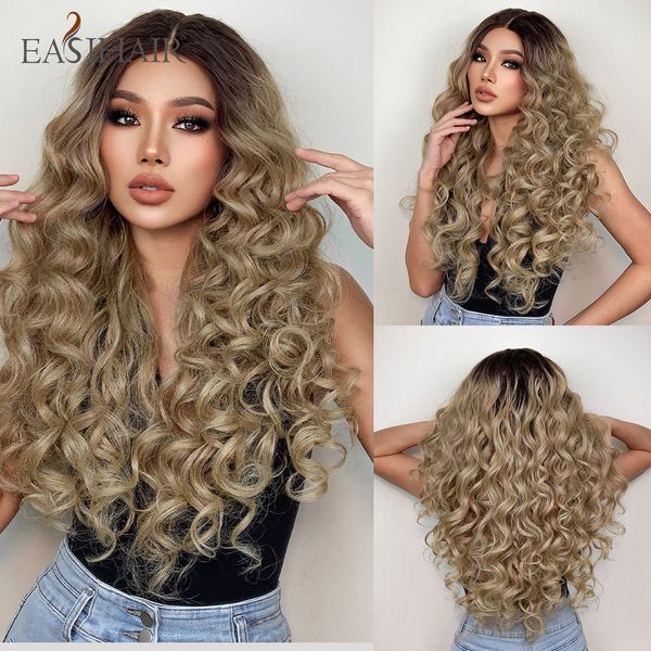 

lx brand long curly lace front synthetic wig brown blonde ombre lace frontal wig for women deep wave wig heat resistant cosplayfactory direc, Black