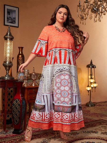 

plus mandala print flounce sleeve dress u91f#, Black