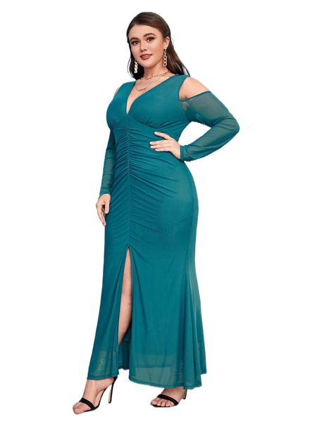 

plus deep v neck ruched split thigh dress y01d#, Black