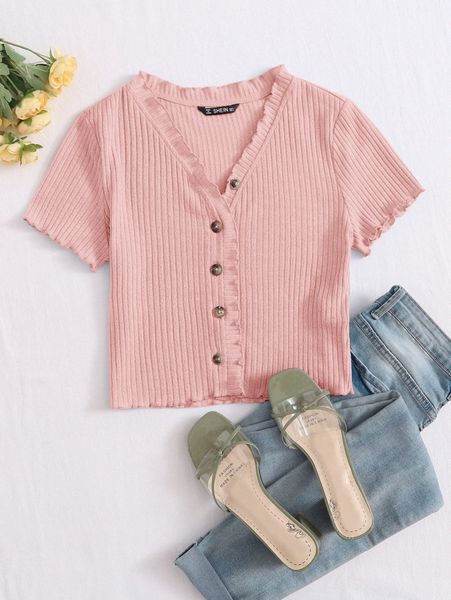 

button front lettuce trim rib-knit tee r44n#, White