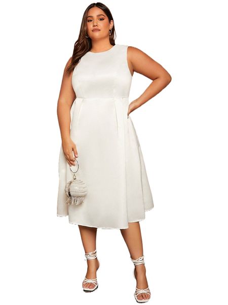 

plus solid sleeveless a-line dress 46pu#, Black
