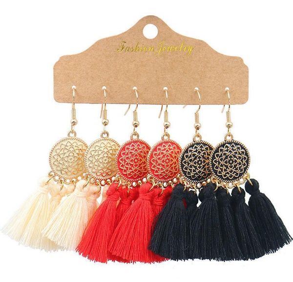 

3 pairs/set bohemian dangle tassel earrings lady fashion ethnic style earring multicolors for women girls, Silver