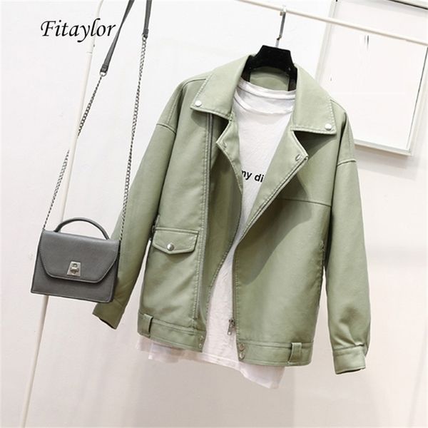 

fitaylor autumn faux soft leather pu jacket women loose punk coat female turndown collar moto biker rivet zipper street overcoat 220815, Black
