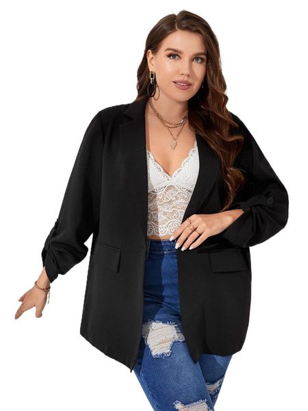 

plus roll tab sleeve blazer e27p#, Black