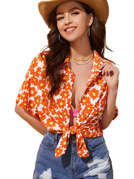 

tie front allover floral blouse n9gd#, White