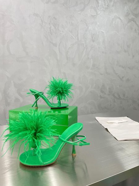 

2022 summer ostrich feather shuttlecock flat sandals real leather shoes with clear logo and seven colors of orange handbag size35-41 with Box, Blue