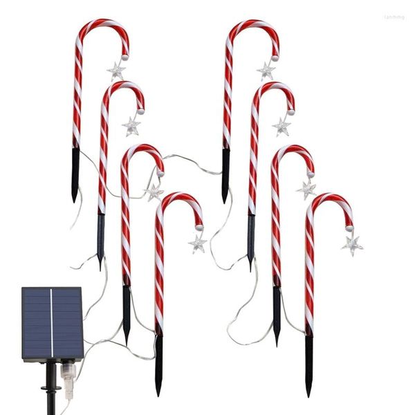 Decorazione per feste 8Pcs Luci natalizie ad energia solare con bastoncini di zucchero con stelle di palo Fiocchi di neve Indicatori di percorso di Babbo Natale Lampada da giardino DecorParty