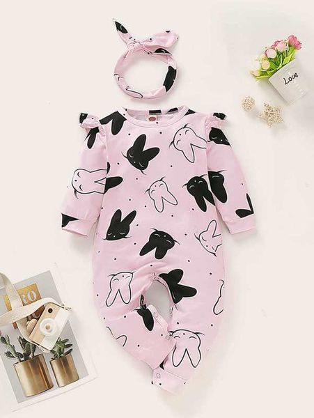 

baby girl rabbit pattern ruffle jumpsuit with hair band she, Blue
