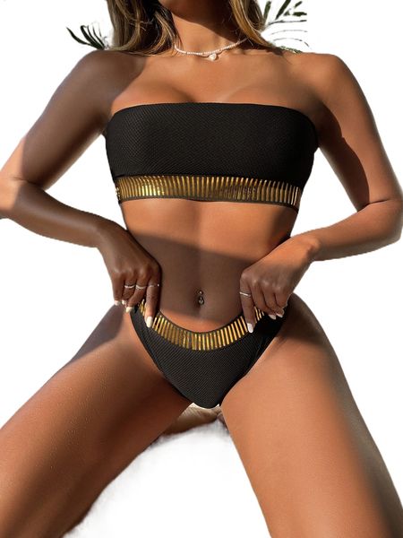 

metallic tape bandeau high waisted bikini swimsuit g22a#, White;black