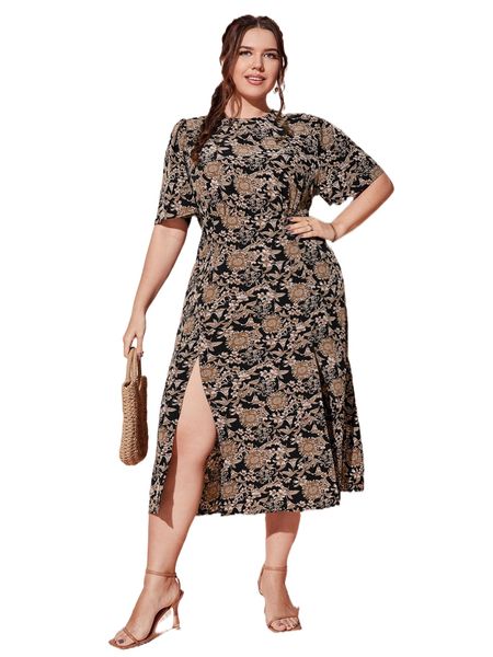 

plus floral key hole back split hem dress u8ef#, Black