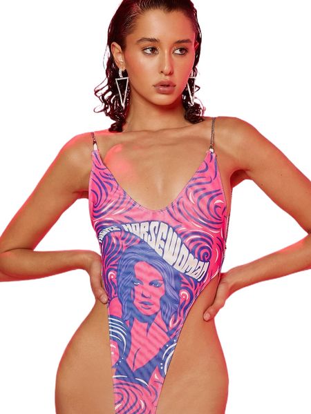 

figure graphic chain strappy high cut cami bodysuit o63i#, White