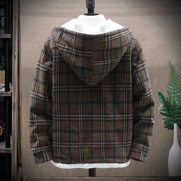 

hip hop winter fleece fluffy jacket men hooded streetwear harajuku plaid wool coat male thicken outerwear 3xl dropshpping, Black;brown