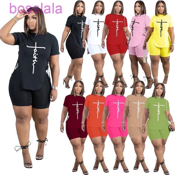 2022 Sexy Lace Up Eyelet Tracksuits Designer Mulheres Plus Size Roupas Two Parte Pants Outfits Manga Curta Sworts Sports Terno