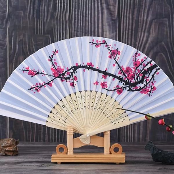 Pflaumenblüten-Bambusfächer, Vintage-Seiden-Faltfächer, chinesisches japanisches Muster, Kunsthandwerk, Geschenk, Heimdekoration, Ornamente, Tanzfächer