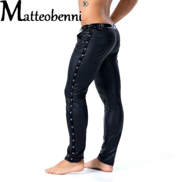 

costumes men faux leather rivet pants slim fit elastic style fashion pu leather trousers motorcycle pants streetwear erotic rock costum, Black