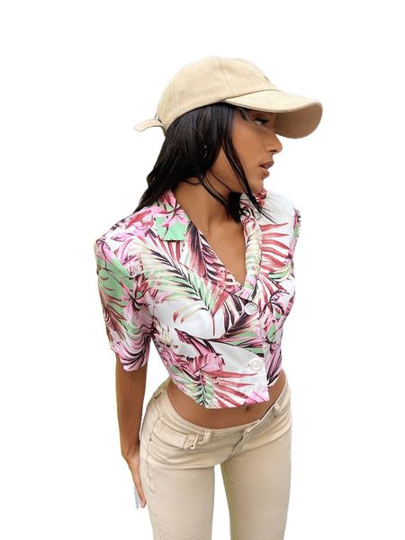 

allover tropical print lapel neck crop blazer j7aw#, White