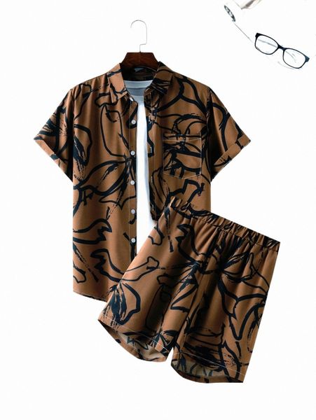 

men random graphic print pocket patched shirt & shorts without tee i20a#, Gray
