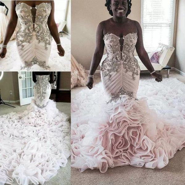 

gorgeous mermaid wedding dresses bridal gown plunging v neck crystals beaded luxury ruffles custom made organza chapel train beach vestidos, White