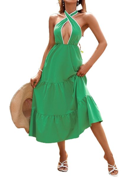 

ruffle hem contrast binding halter dress v6ic#, Black;gray