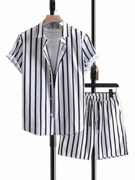 

men striped shirt & drawstring waist shorts without tee g75l#, Gray