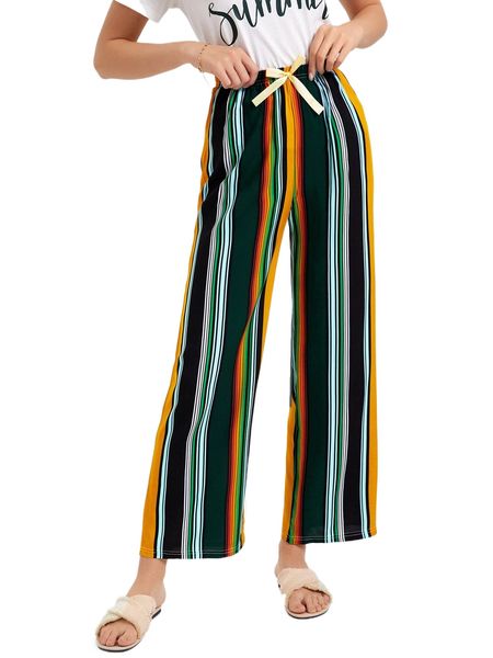 

block striped tie waist pants v6ef#, Black;white