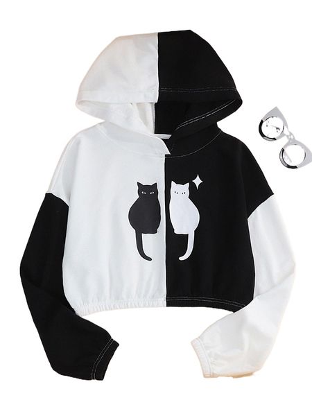 

x lorik drop shoulder cat pattern colorblock hoodie b5lh#, Black