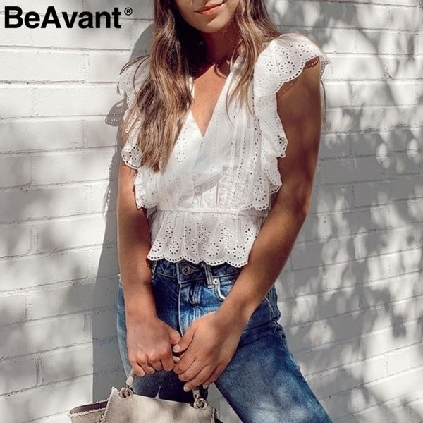 

beavant elegant ruffle white blouse women summer v neck embroidery lace cotton blouse shirt vintage ladies shirt blusas y200622