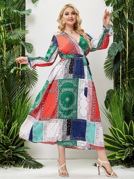 

plus random paisley scarf print flounce sleeve belted dress e8kb#, Black