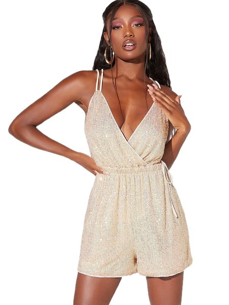 

bae double strap knot side sequin cami romper g67j#, Black;white