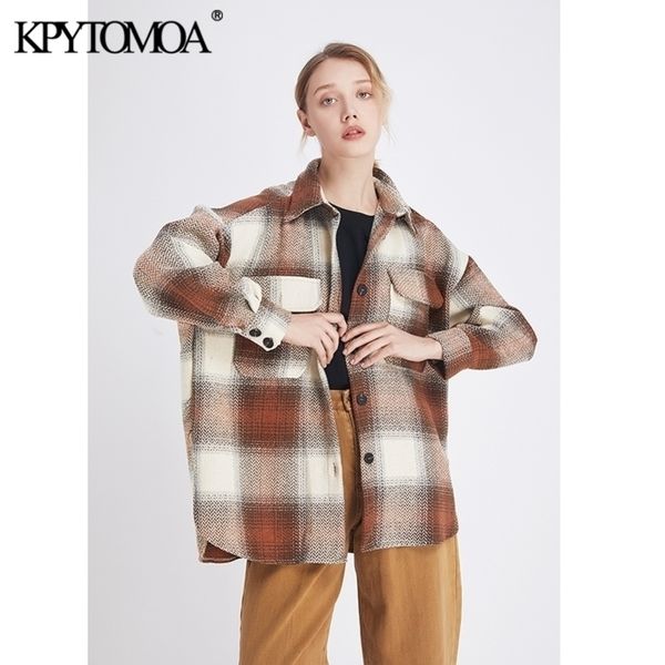 

vintage stylish pockets oversized plaid jacket coat women fashion lapel collar long sleeve loose female outerwear chic y200101, Black;brown