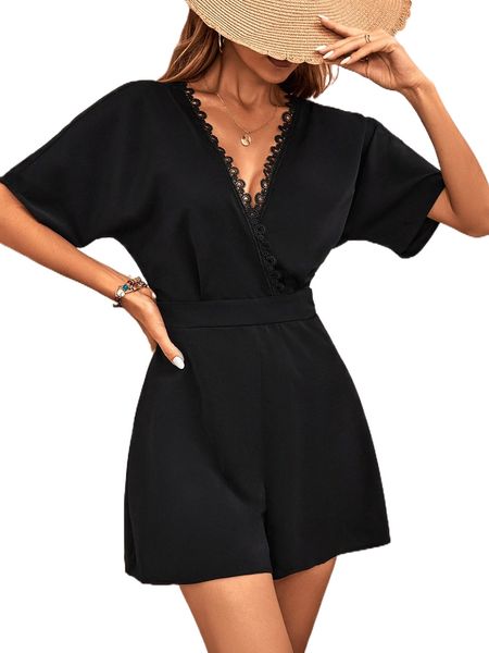 

guipure lace trim tie back batwing sleeve romper 57kx#, Black;white