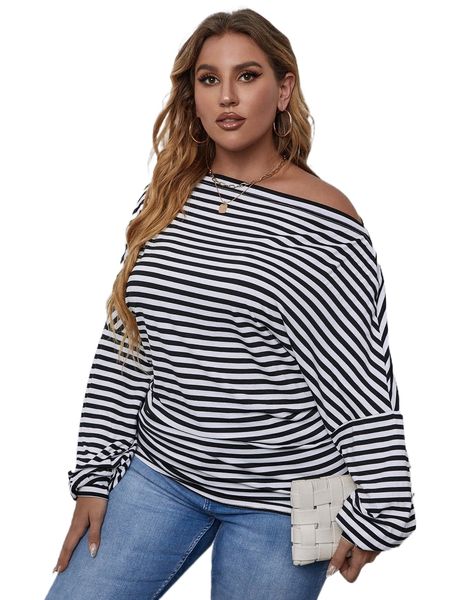 

plus striped asymmetrical neck batwing sleeve tee a0ow#, Black