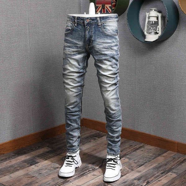 

men's jeans fashionable men's jeans worn out washed buffed slightly elastic slim fitting pants fashion l6he, Blue