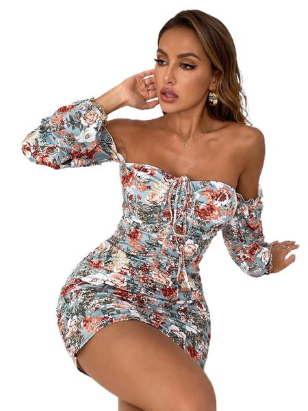 

floral print off shoulder ruched drawstring front dress y1id#, Black;gray