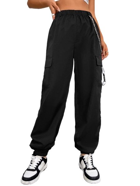 

chain detail flap pocket cargo pants k6fh#, Black;white