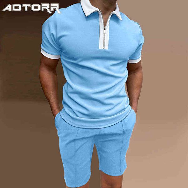 

2022 mens shorts set patchwork summer tracksuit fashion solid color 2 piece sets men casual zipper polo shirt short sleeve suit, Gray