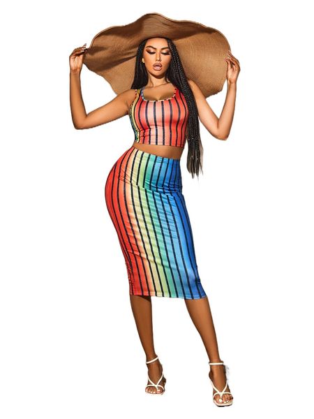 

sxy ombre striped tank & pencil skirt s6qj#, White