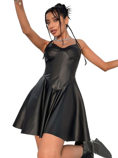 

flare hem bustier pu leather cami dress r3xd#, Black;gray