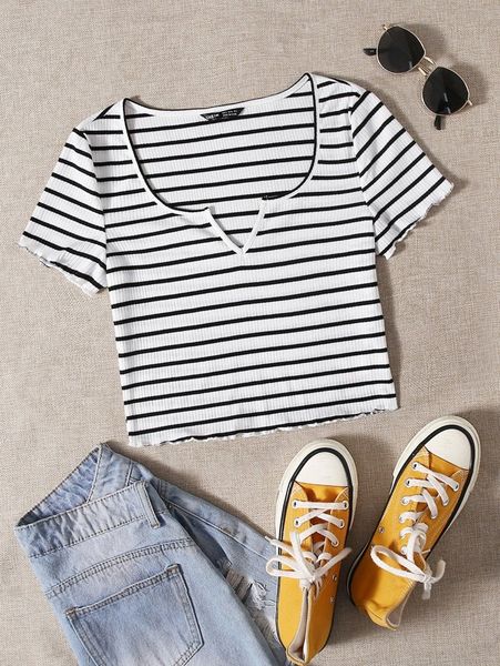 

striped notched neck lettuce trim rib-knit tee d1da#, White