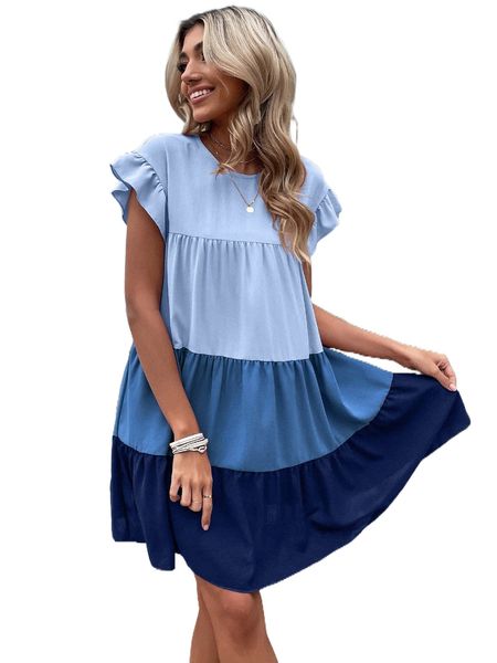 

color block flounce sleeve ruffle hem smock dress h5sk#, Black;gray