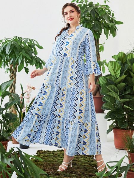 

plus floral & chevron print flounce sleeve ruffle hem dress h7nc#, Black