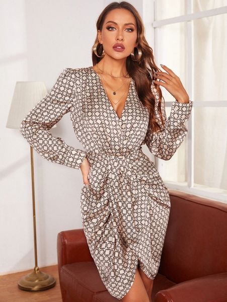 

allover print plunging neck ruched wrap hem dress s19z#, Black;gray
