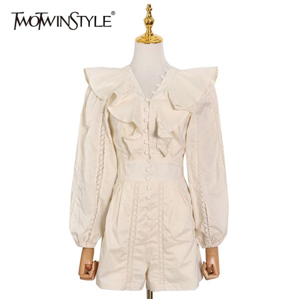 

white patchwork ruffle jumpsuit for women v neck long sleeve high waist elegant jumpsuits female fashion 210423, Black;white