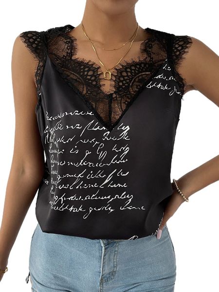 

slogan graphic contrast lace tank l1fl#, White