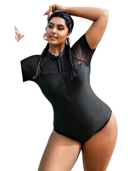

plus mesh panel zip up raglan sleeve one piece swimsuit 68eb#, White;black