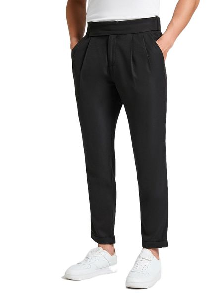 

men slant pocket fold pleated tailored pants 79ij#, Black